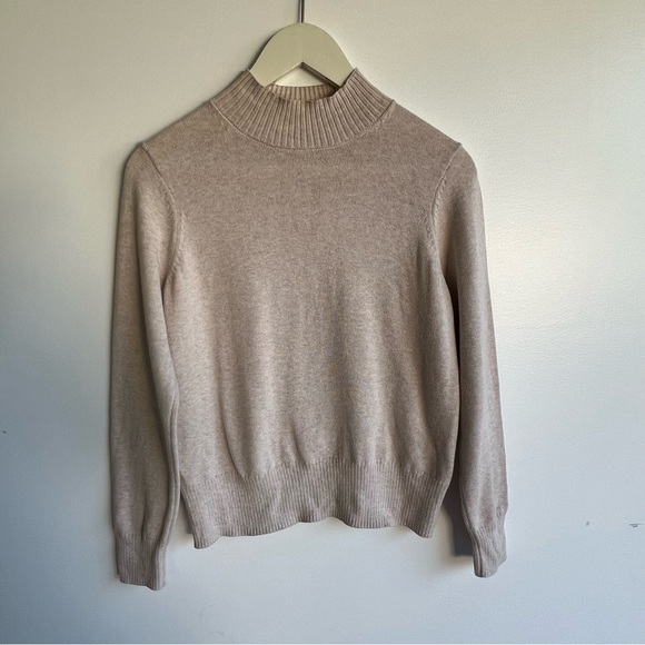 Minimalist Oatmeal Mock Neck Cotton Sweater Size XS Ribbed Neutral Capsule Knit - Picture 3 of 12